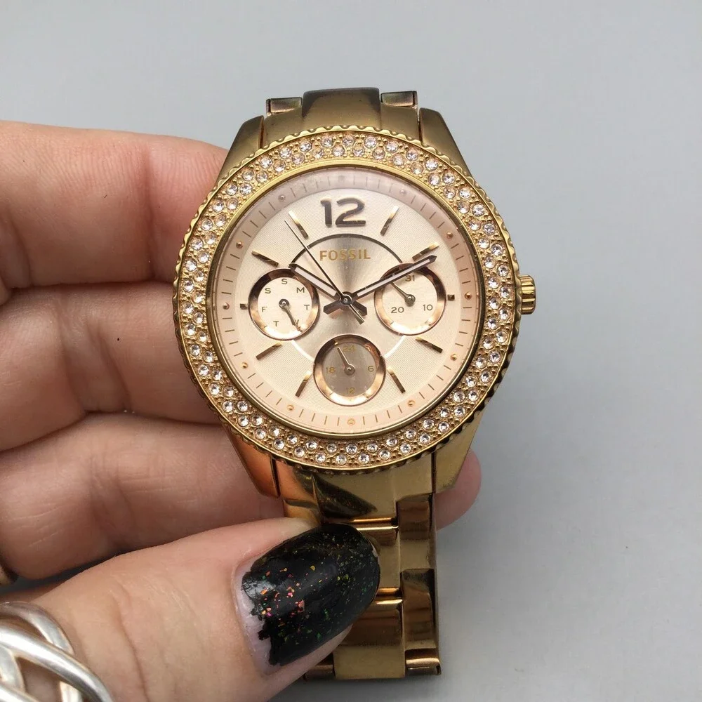 Fossil ES3590 Womens Watch 38mm Rose Gold Tone Crystals New Battery 6